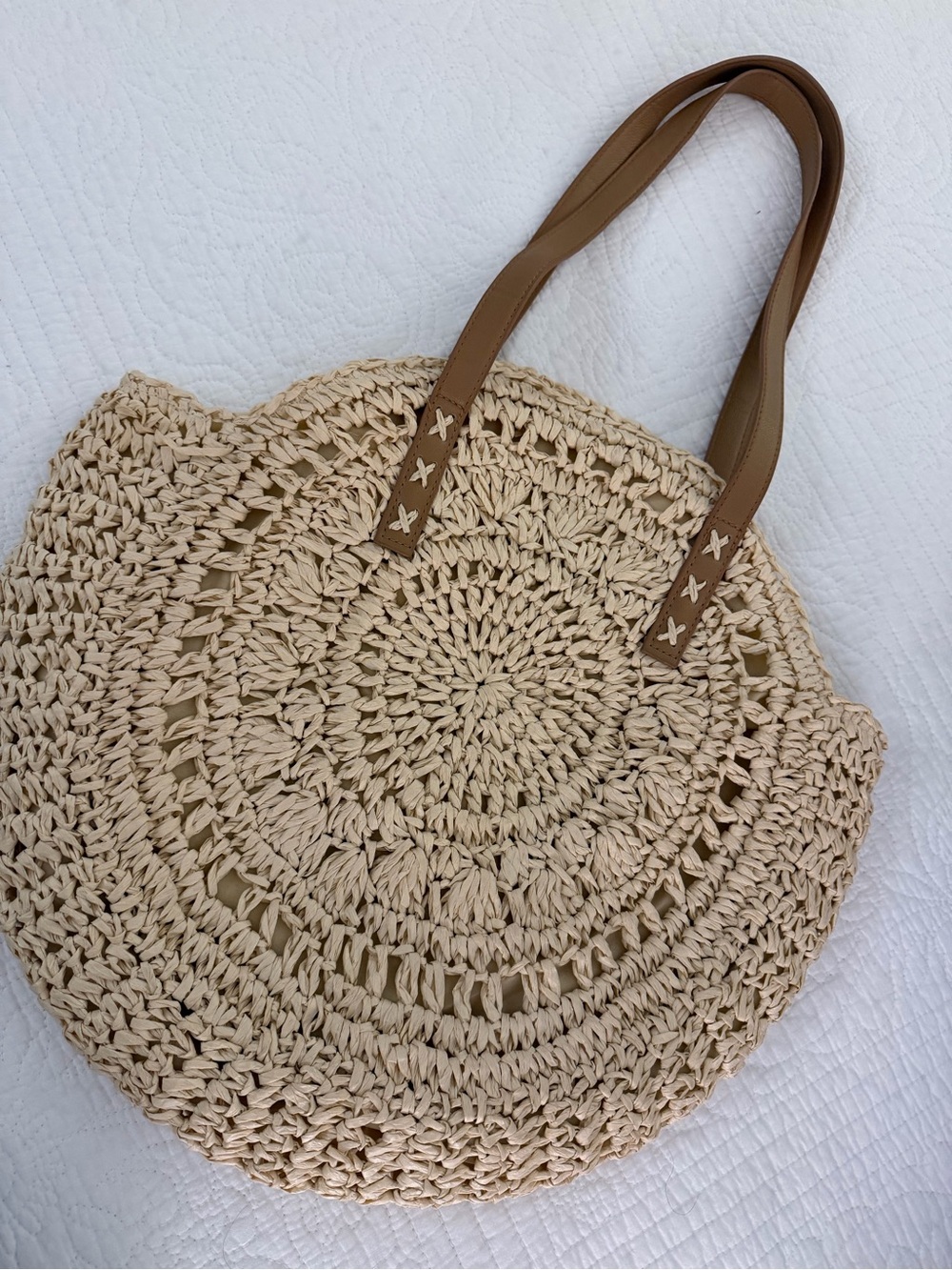 Woven Round Tote Bag with Brown Straps - Neutral Cream
